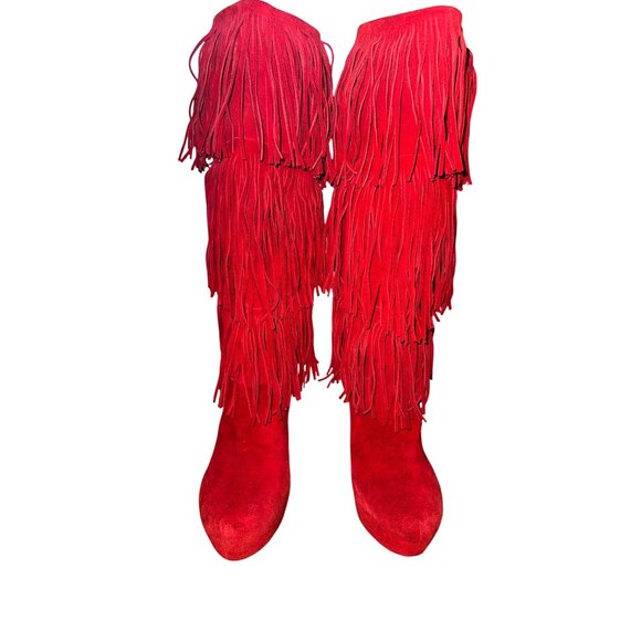 Red Suede Fringe High Heel Boots 10M Platform Stiletto Knee High Western Boho - Picture 1 of 8